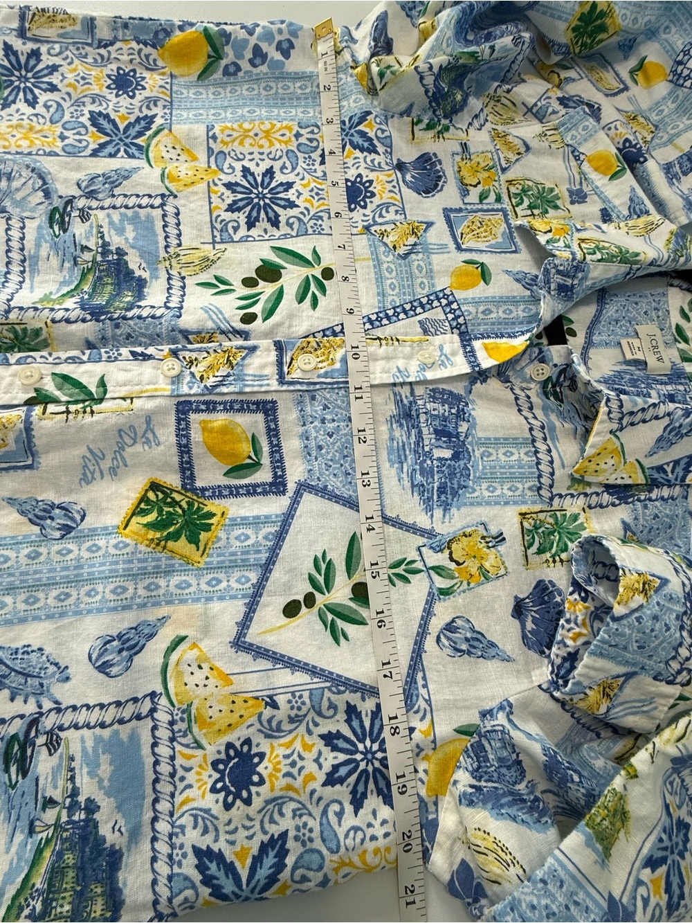 J.Crew Linen Blend Blue Tile Lemon Dolce Vita Amalfi Print Shirt Women M - Picture 9 of 10